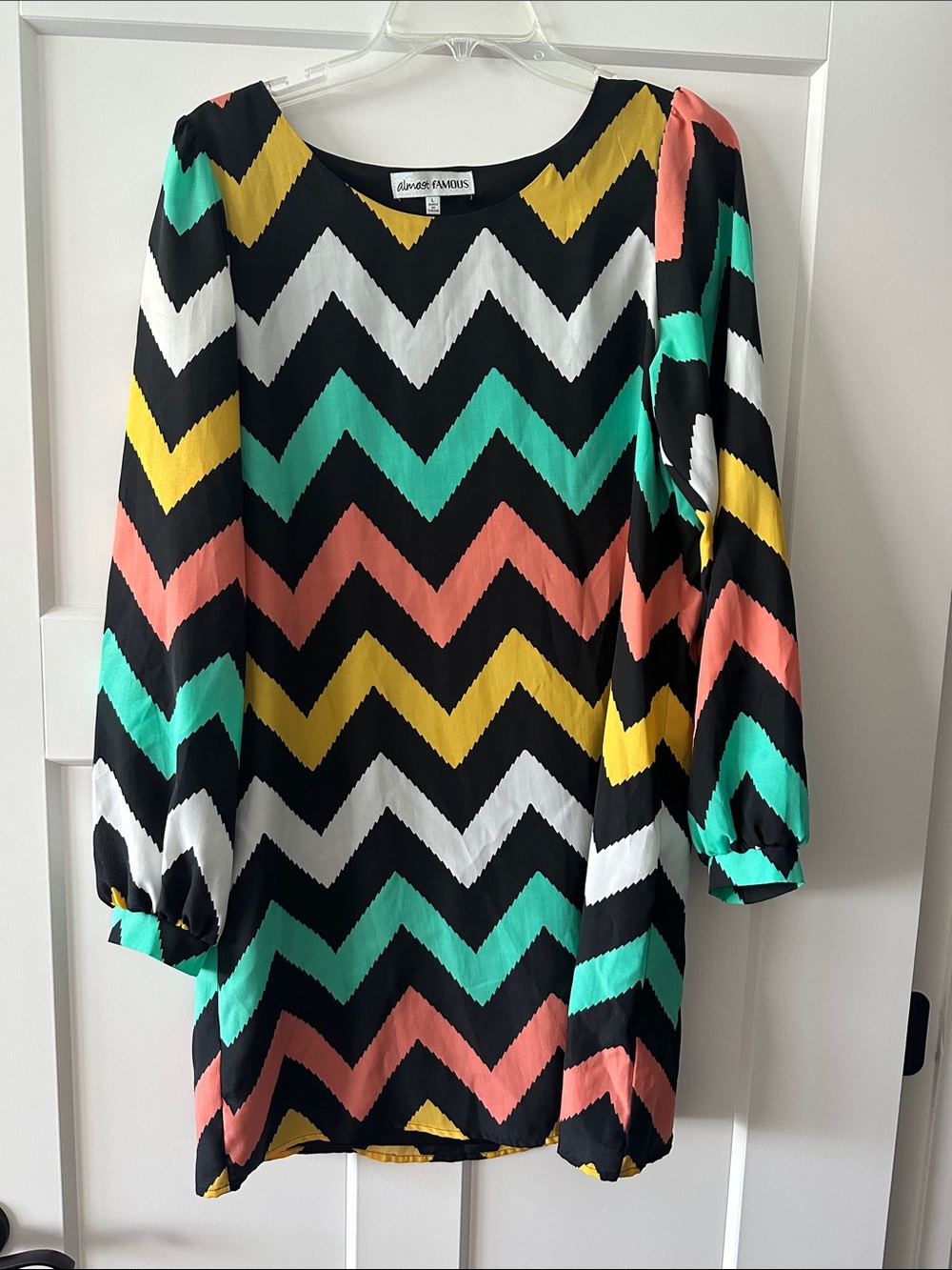 Long-Sleeve Chevron Shift Dress in Black, Coral, Teal & Yellow